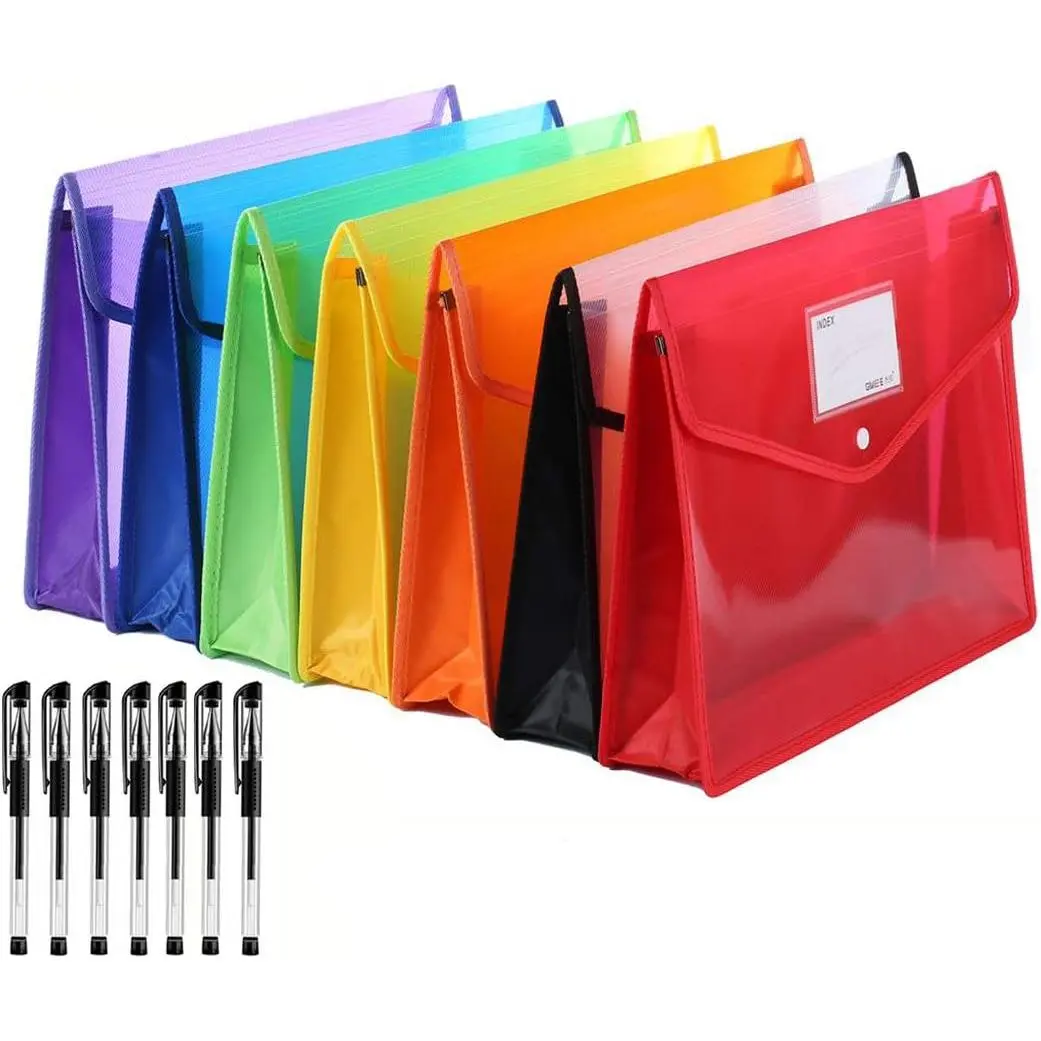 7 Pack File Folder - Expandable Poly Envelopes B4 Plastic Document Folder Button Closure  File Pouch with 7 count Black Gel Ink Pens for School Office Supplies ( Colors)