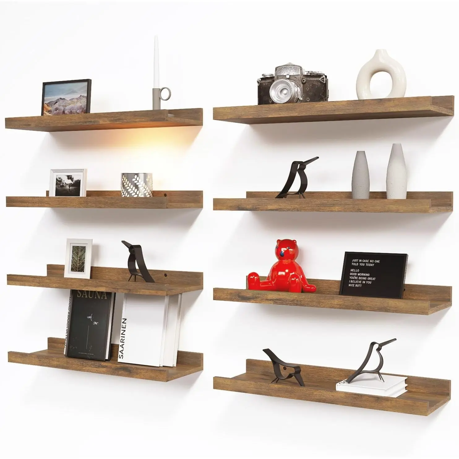 8-Set Floating Shelves with Lip, Rustic Brown Wall Shelf 16in | Display Picture Ledge Shelf, Anti-drop lip Shelf for Room Wall Decor, Bedroom Bathroom Storage Nursery Hanging Book Shelves