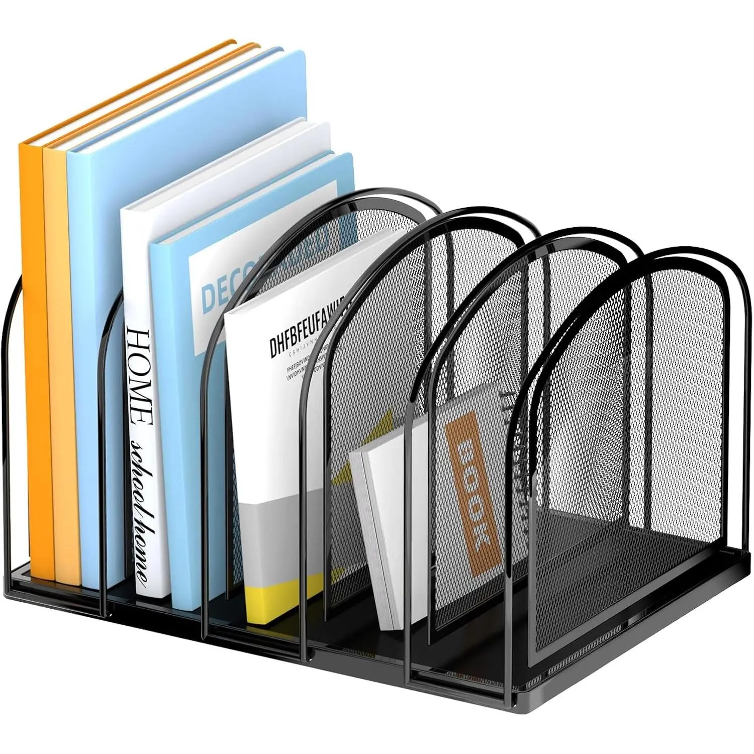 5-Section Vertical File Organizer, Mesh Desk Organizer, Black | 5-section mesh file sorter with reinforced steel base for folders, papers, books, home office and classroom use