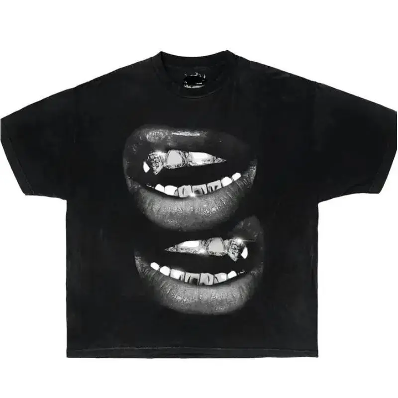 Unisex Gold Tooth Lips Graphic T-Shirt, Oversized Grunge Streetwear Top in Soft 100% Cotton, Casual Round Neck Short Sleeve Tee