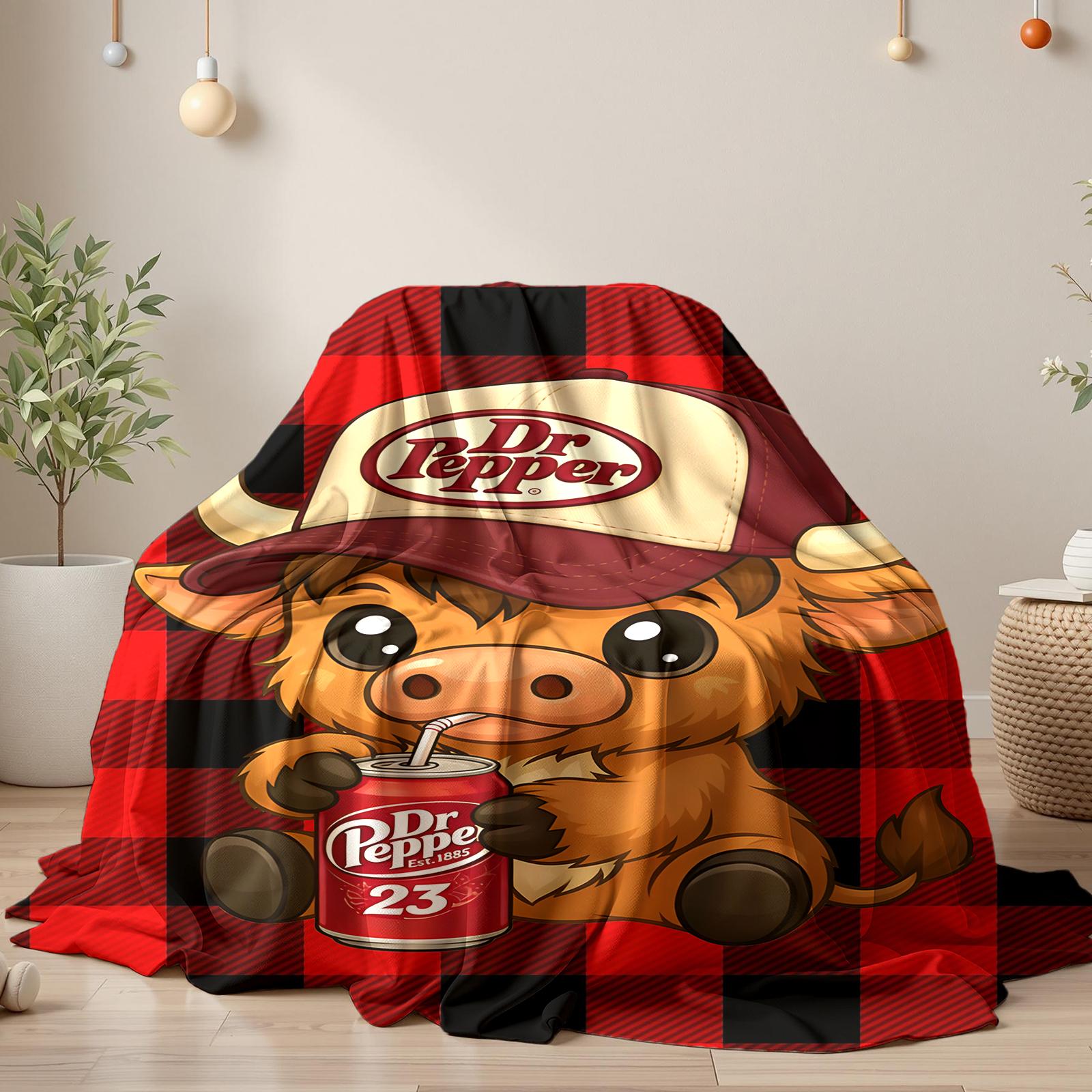 Highland Cow Wear a Hat Cute Pattern Dr Pepper Flannel Blanket,Red and Back Checkered Blanket 1 Count Soft Warming Bedding Blanket Comfy Lightweight Bedding
