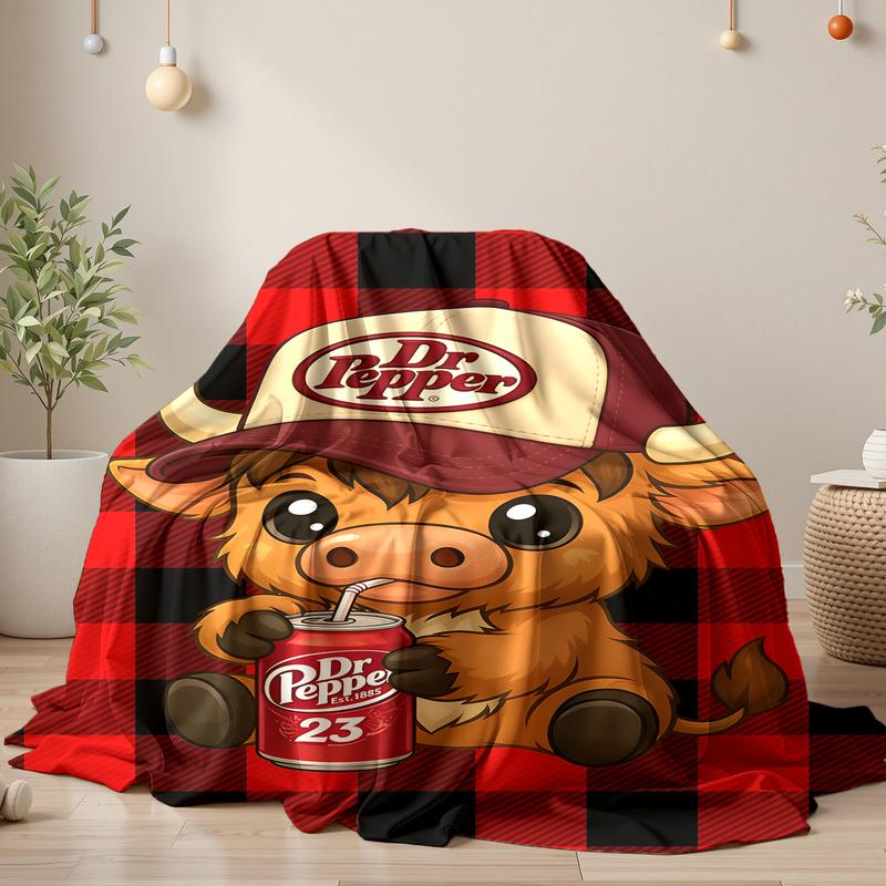 Highland Cow Wear a Hat Cute Pattern Dr Pepper Flannel Blanket,Red and Back Checkered Blanket 1 Count Soft Warming Bedding Blanket Comfy Lightweight Bedding