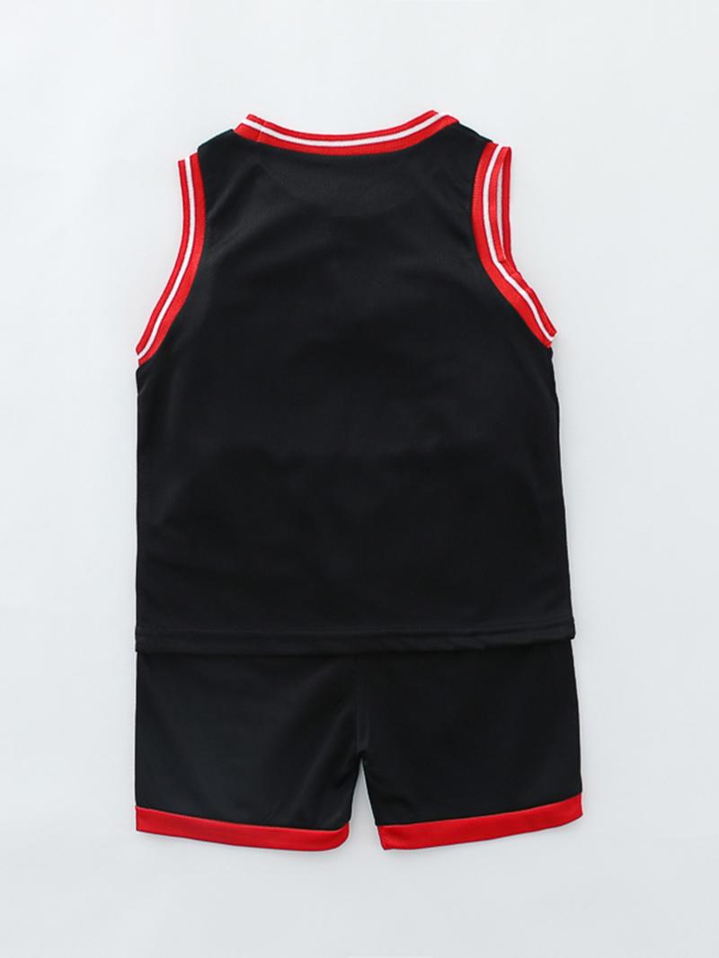 Two-Piece Set Boy's Basketball Jersey Set, Contrast Binding Sleeveless Basketball Vest & Shorts, Summer Clothes for Kids Outdoor Sports