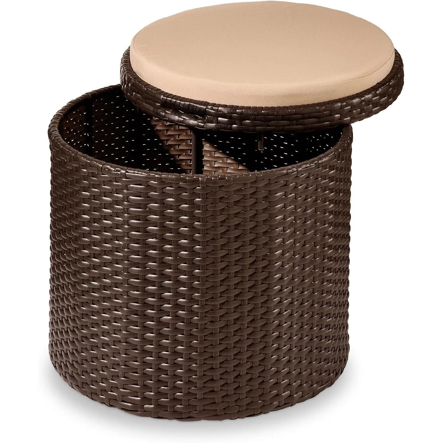 Round Wicker Ottoman, Multipurpose Outdoor Furniture for Patio, Backyard, Additional Seating, Footrest, Side Table w/Storage, Removable Cushions – Brown/Beige