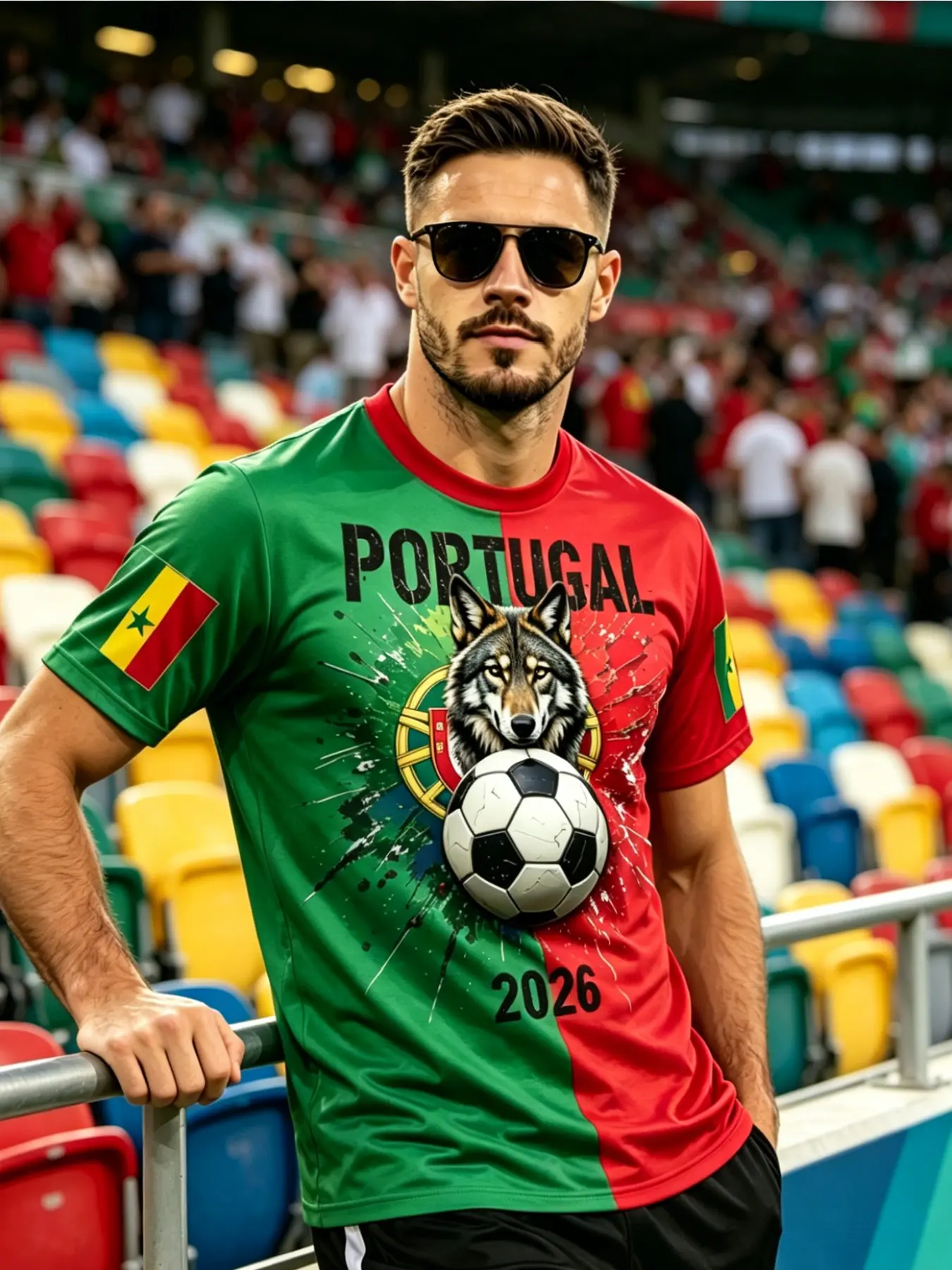Portugal Wolf Soccer Inspired Graphic T-Shirt, Men Women Casual Short Sleeve Tee, Football Sports Wear, 2026 National Pride Crew Neck Sportswear, Green Red Color Block Streetwear, Breathable Lightweight Sports Casual Top for Daily Outdoor Activities