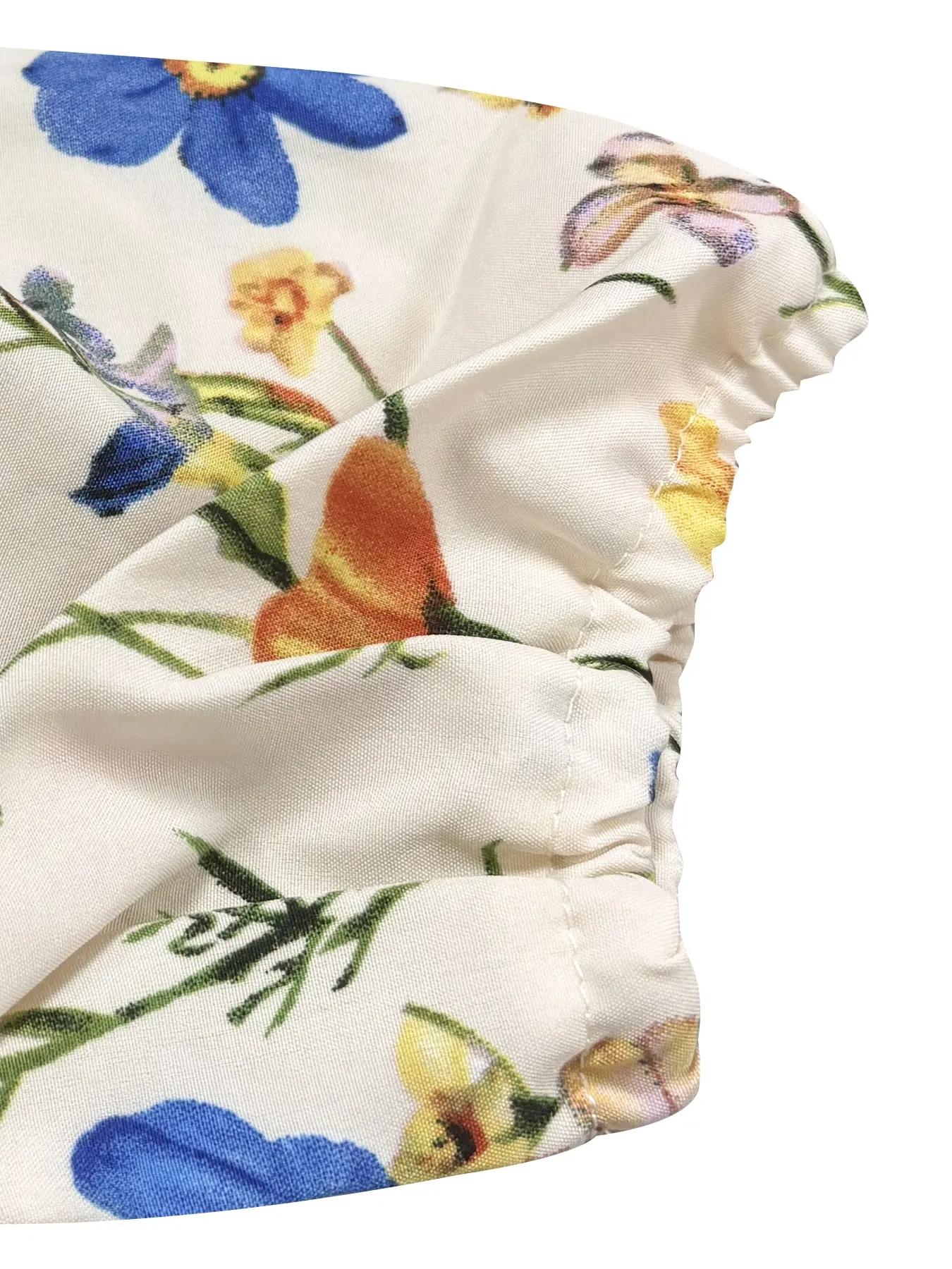 Women's Floral Print Off-Shoulder Maxi Dress, Bubble Sleeves & Waist Slit Design, Perfect Summer for Vacation Parties, Bohemian Style, Boho, Casual Wear Tie Front Comfortable Fit Blazer Midi Skirt Breathable