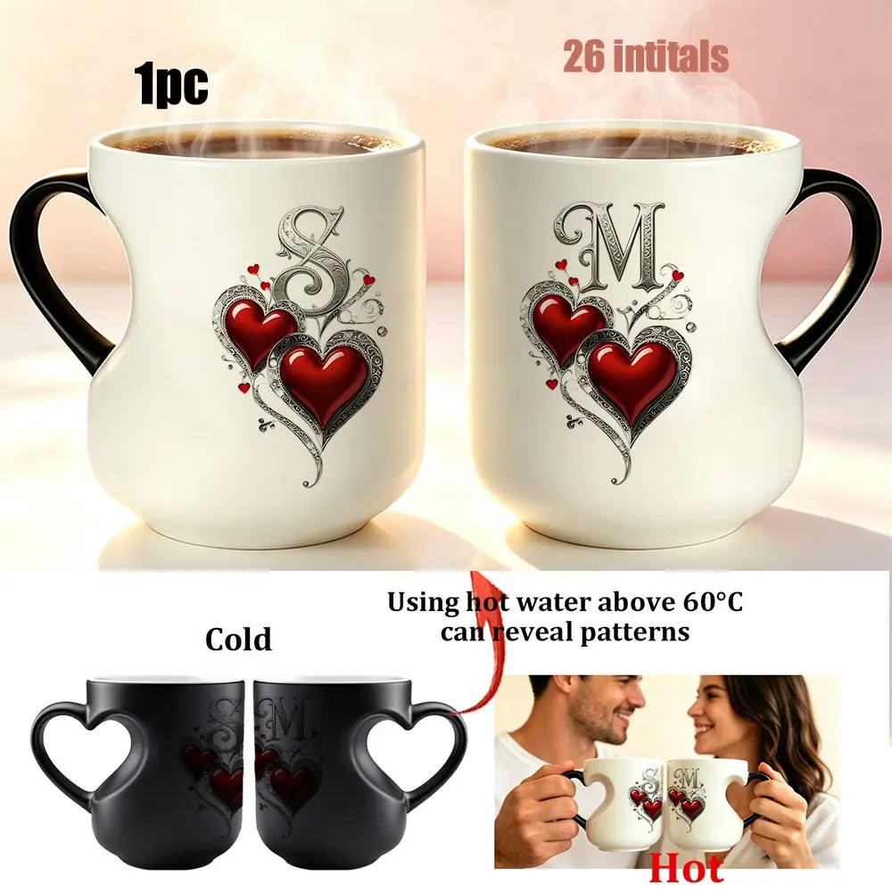 Personalized 26 Initials A-Z Color Changing Mug, Heat Sensitive Coffee Cup, Vintage Red Heart Monogram Discoloration Ceramic Mug, Romantic Couple Gift For Anniversary Birthday Valentine's Day, 11oz Magic Hot Water Reveal Pattern Tea Mu