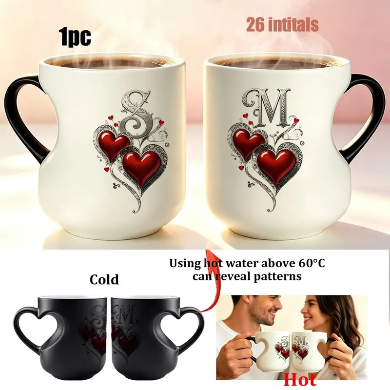 Personalized 26 Initials A-Z Color Changing Mug, Heat Sensitive Coffee Cup, Coffee Mugs, Vintage Red Heart Monogram Ceramic Mug, Romantic Couple Gift For Anniversary Birthday Valentine's Day, 11oz Hot Water Reveal Pattern Tea Mug