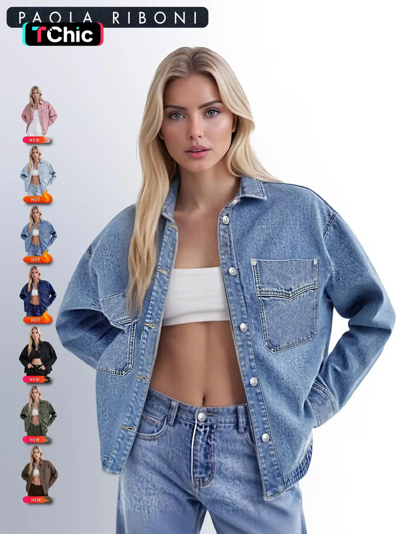 Long Sleeve Jean Denim Jacket for Women,Drop Shoulder Curved Hem Denim, Classic Button Down Denim Jacket with Chest Pockets, Fashion Women's Clothing for Daily Wear, Vintage Western Trucker Jacket