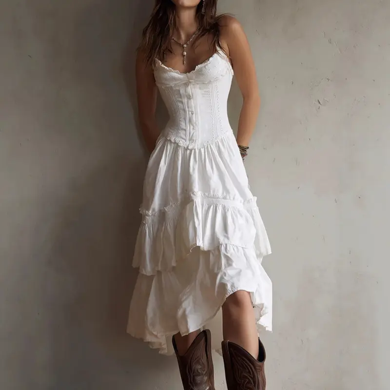 Women's vintage-style lace-trimmed camisole dress, tiered dress with back tie