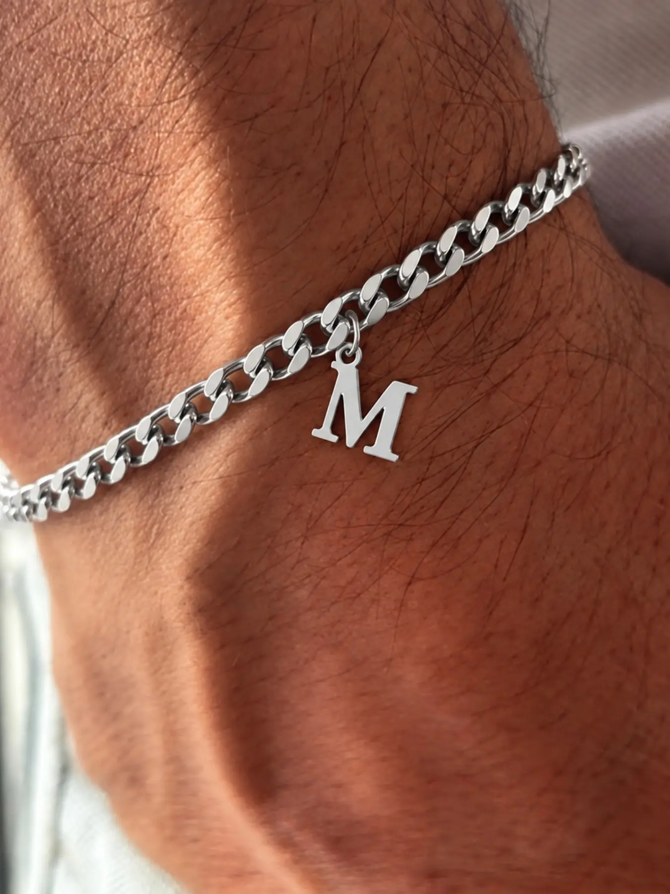 A-Z Initial Bracelet for Men, Stainless Steel Cuban Link Chain Bracelet with Letter Charm, Adjustable Everyday Jewelry for Him