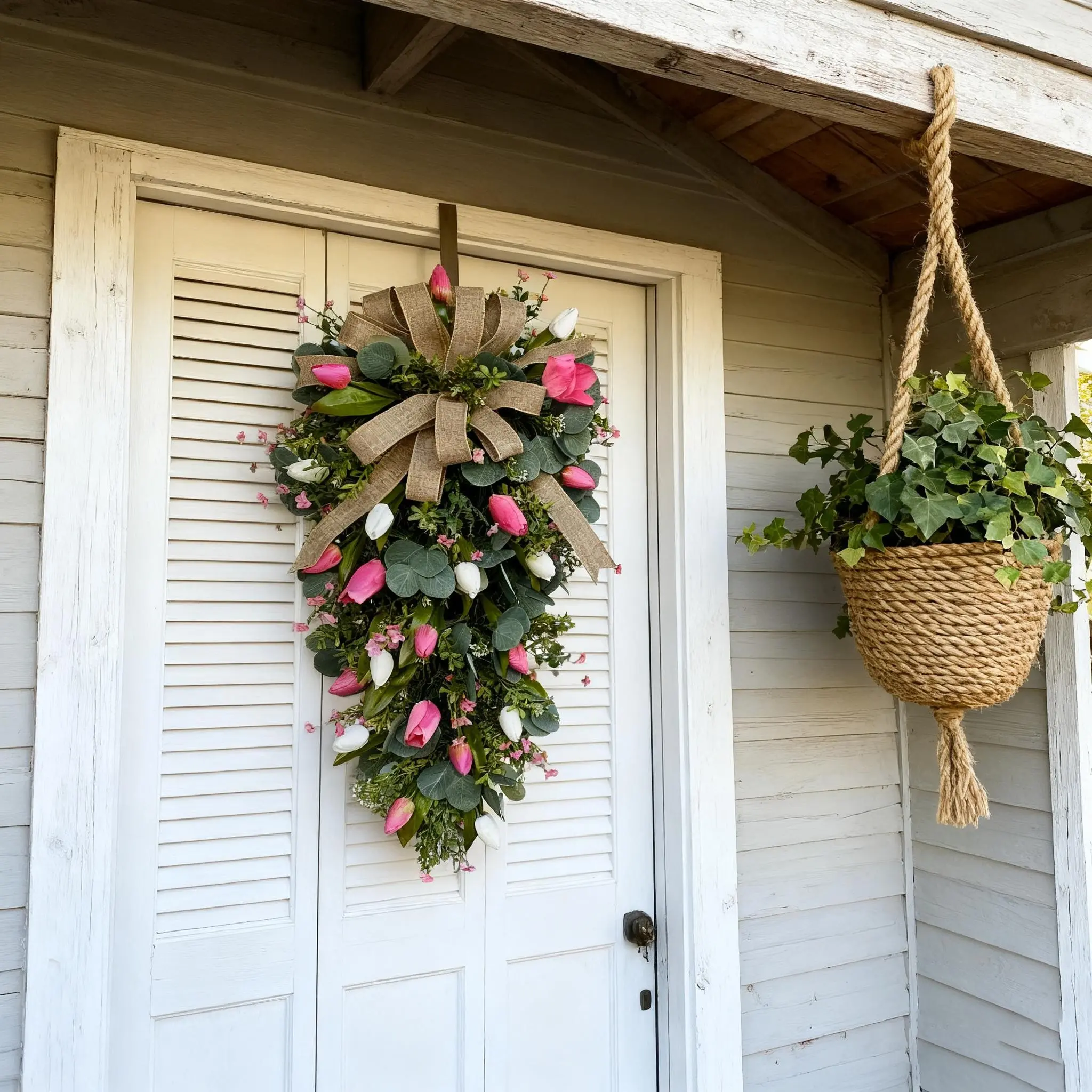 22-Inch Artificial Tulip Wreath, Floral Wreath, Spring Wreath for Valentine's Day, Easter, Mother's Day, Hang on Door, Porch, Fireplace, Garden Gate