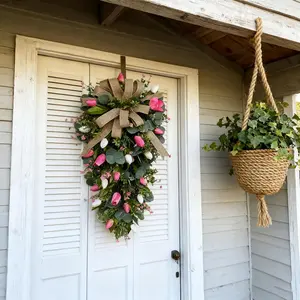 22-Inch Artificial Tulip Wreath, Spring Wreath for Valentine's Day, Easter, Mother's Day, Hang on Door, Porch, Fireplace, Garden Gate