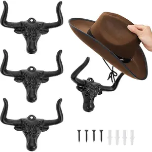 Foraineam 4 Pack Cowboy Hat Rack for Wall, Animal Head Metal Cowboy Hat Hanger Cap Holder, Cast Iron Western Longhorn Hooks for Closet Bedroom Living Room Hats Storage and Display Rustic Men's Gift