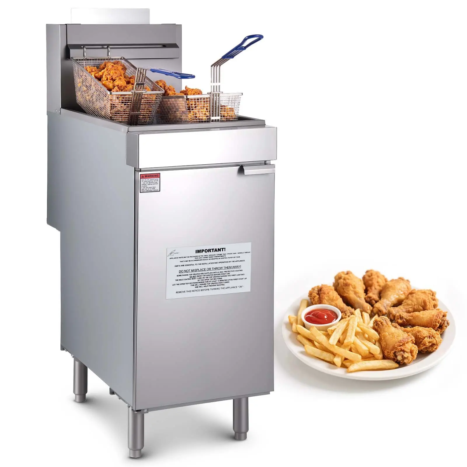 VEVOR Commercial Deep Fryer, 3-Burner Fryer for Restaurants, Stainless Steel Floor Standing Deep Fryers with Dual Baskets and Adjustable Temperature, Natural Gas Powered, 40 lbs Capacity, 90,000 BTU