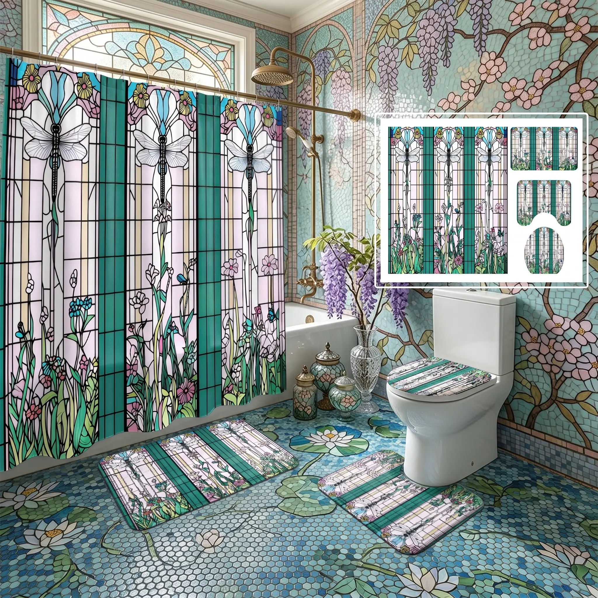 4pcs Stained Glass Dragonfly Shower Curtain Set, Botanical Floral Art Bath Mat, U Shaped Rug, Bathroom Decor, Easter Spring Holiday Bathroom Decor, Toilet Lid Cover and 12 Hooks