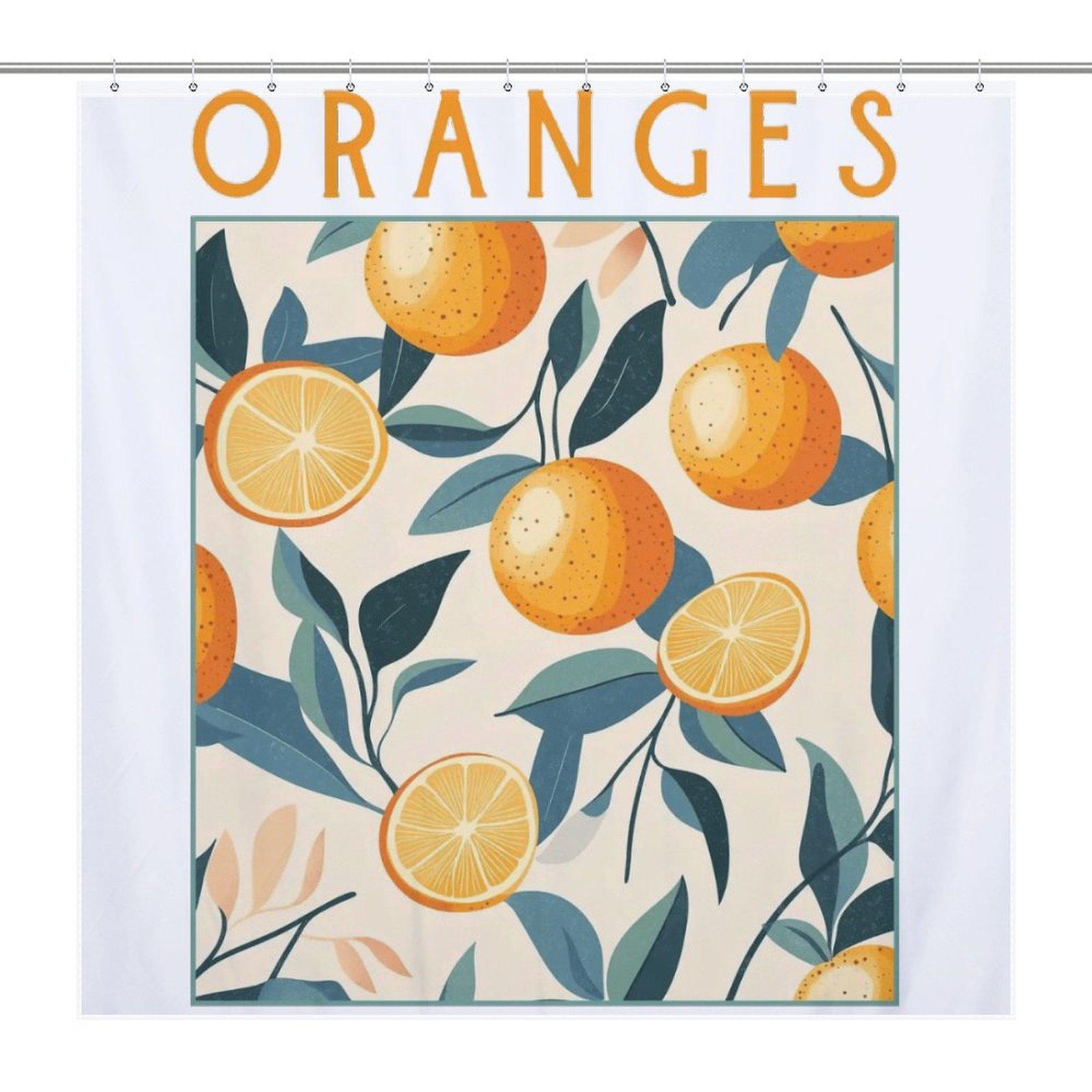 Vintage Orange Fruit Shower Curtain, Citrus Botanical Leaf Print Bathroom Decor, Waterproof Polyester Bath Curtain with Hooks, Summer Fresh Aesthetic Accessory