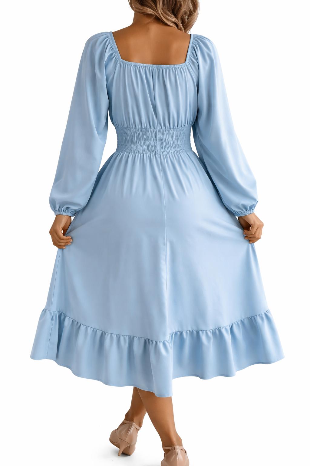 2026 Spring and Summer Leisure Solid Color Square Collar Long Sleeve Waist-Cinched A-Line Skirt