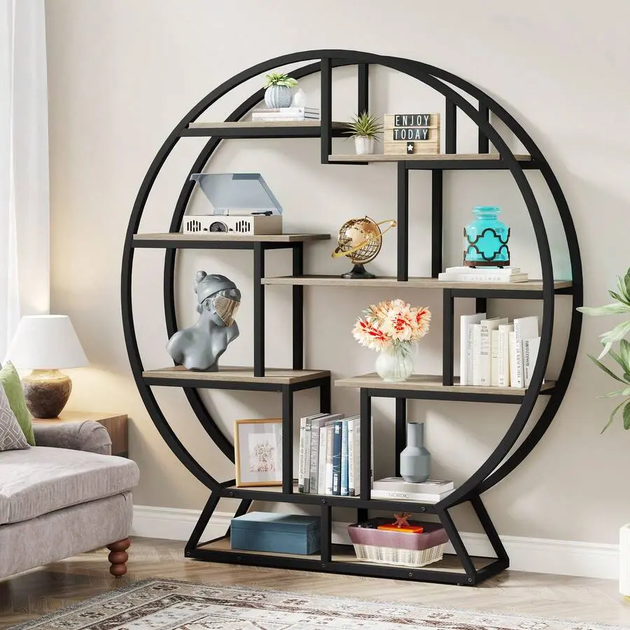 Bookshelf, Round Bookshelves Etagere Bookcase, 63 Inch Industrial Wood Book Shelf With Staggered Shelves, Rustic Open Shelving Organizer Rack Display Shelf Home Office, Living Room, Gray