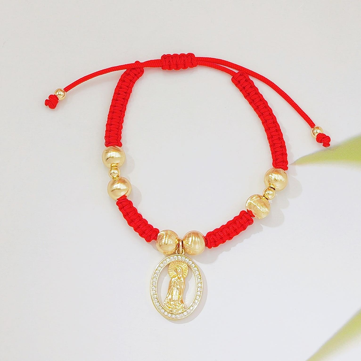 Cubic Zirconia Virgin Mary Red Rope Bracelet, Handmade Braided Adjustable Design with Gold Beads, Religious Inspired Jewelry for Women, Perfect for Daily Wear, Party & Spiritual Gift Giving