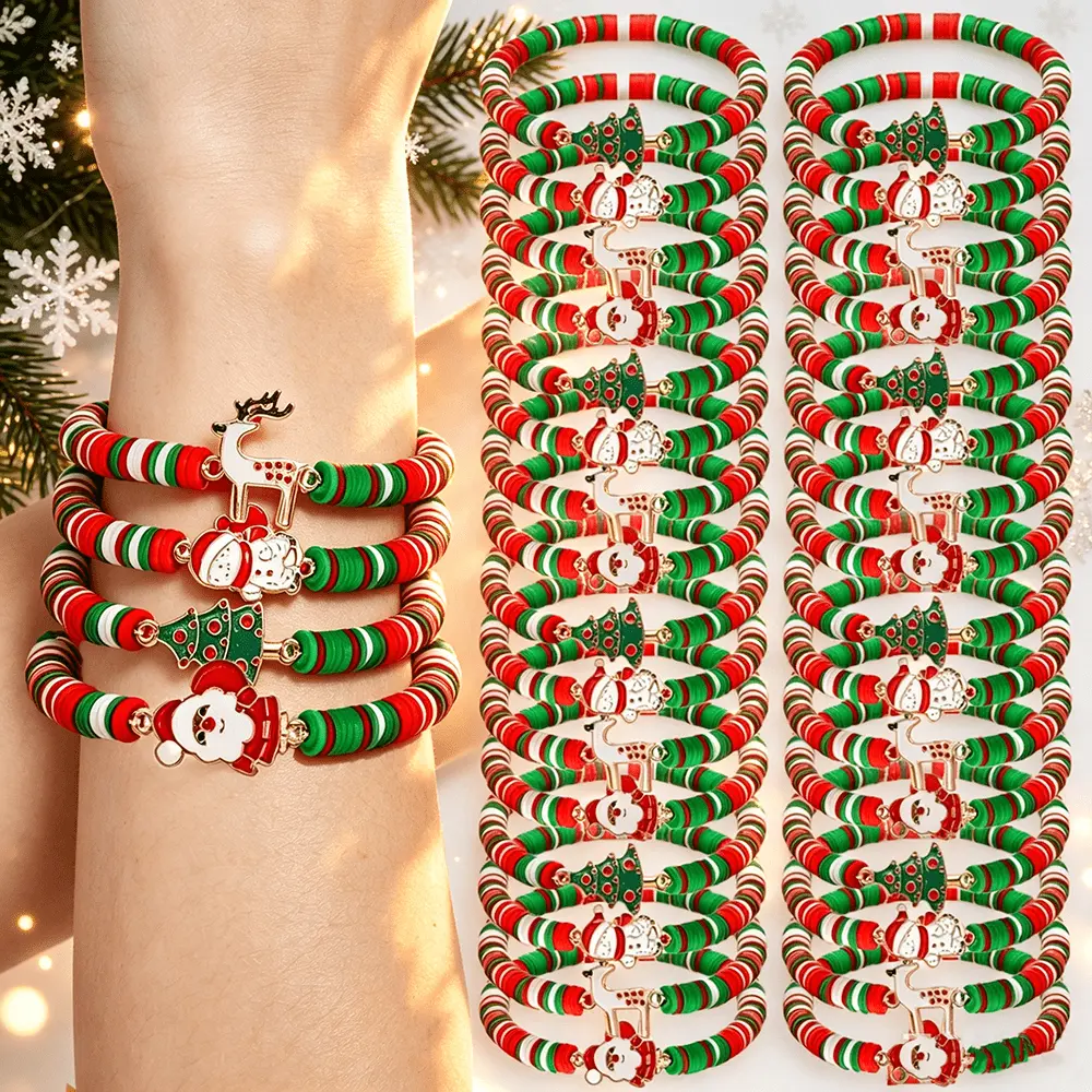 Polymer Clay Bracelets, 24Pcs Casual Colorful Mix Christmas Stretch Set with Charms for Women Men, Party Favors Stocking Stuffers