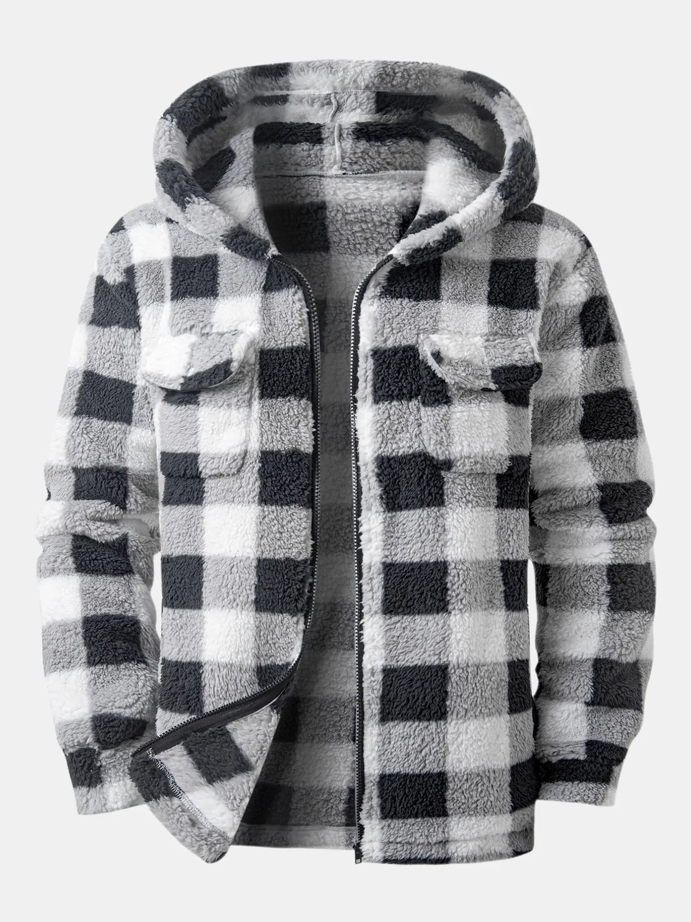 Winter Warm Fluffy Fleece Hooded Jacket for Men, Classic Buffalo Check Zip-Up Plush Coat, Cozy Outerwear for Hiking, Travel, Daily Casual Wear