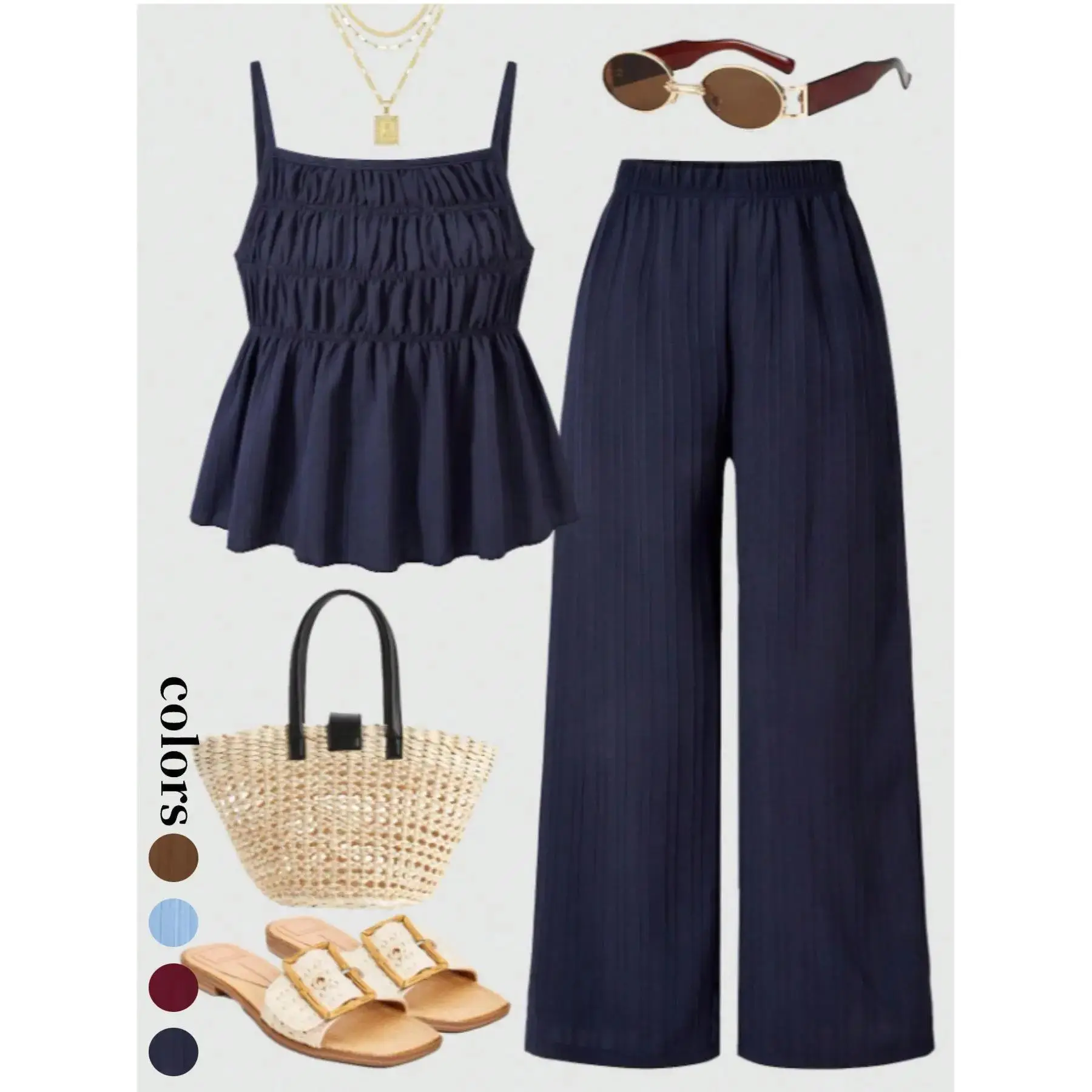 Two-Piece Set Women's Solid Color Cami Top & Wide Leg Pants Set, Street Fashion Casual Outfits for Daily Outdoor Wear, Ladies Clothes for All Seasons