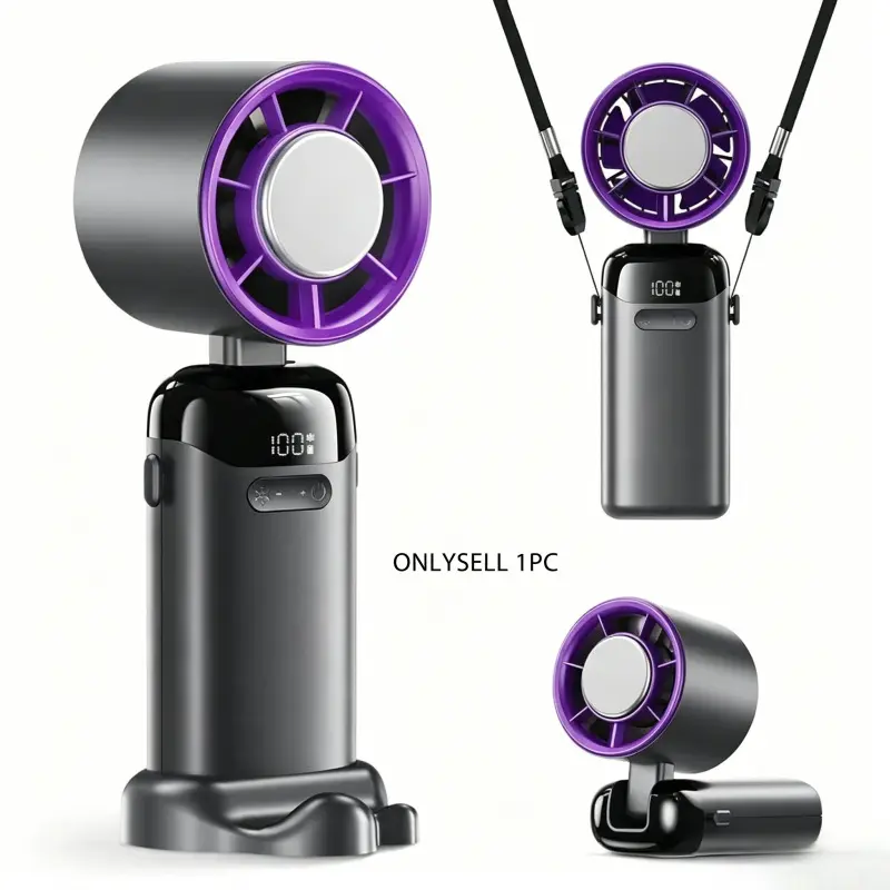 4-in-1 portable handheld turbine fan, supports speed setting, digital display, 120 rotation, USB charging, mini handheld personal fan. Suitable for travel, indoor use and desk use