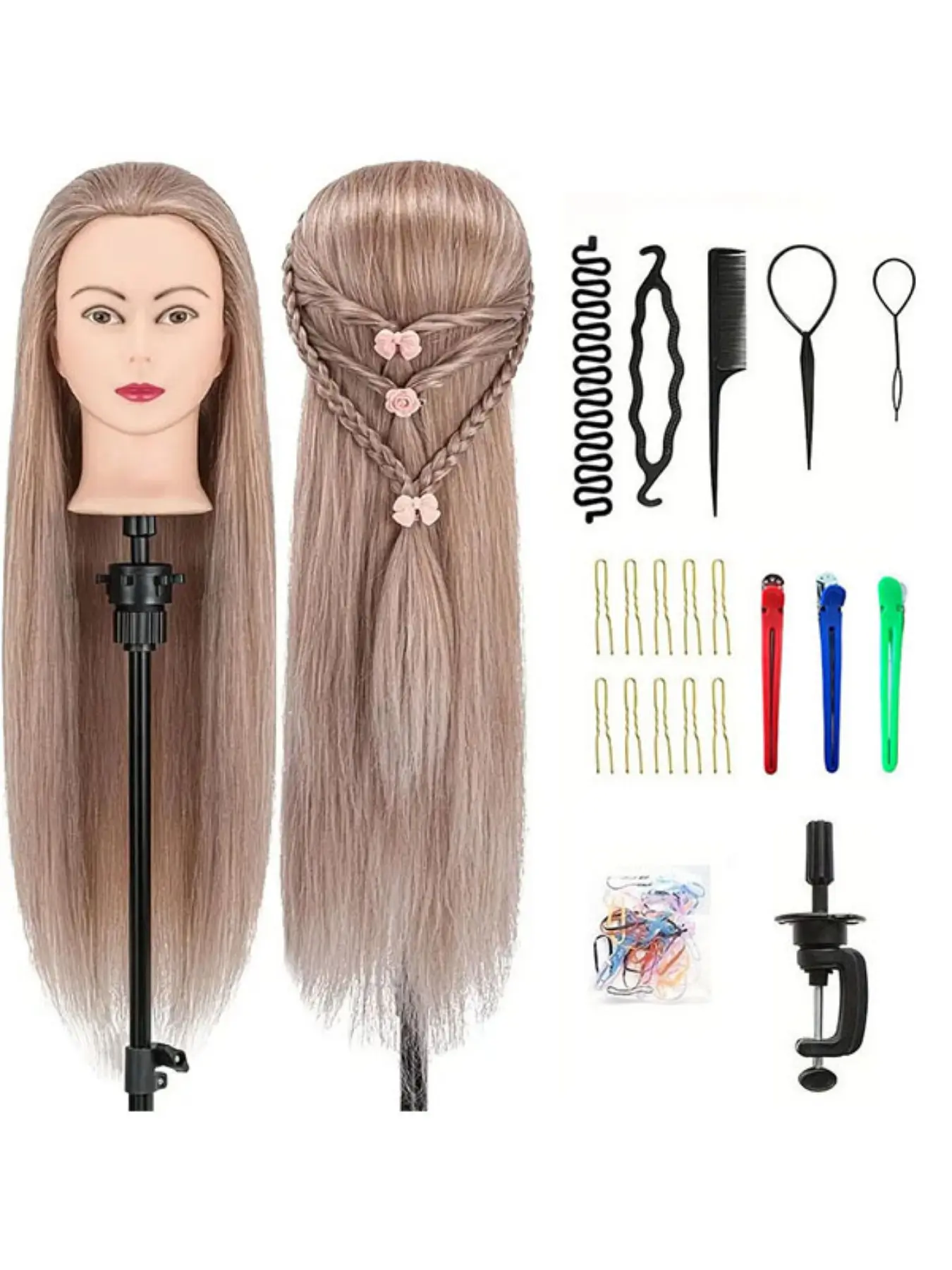 Professional 66cm Hairstyling Mannequin Head with Synthetic Hair, Realistic Braiding Practice Training Doll Head for Salon & Beauty School
