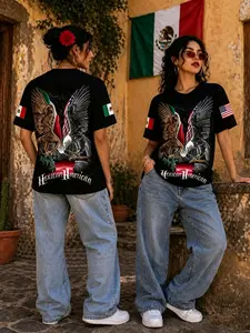 Mexican American Flag T-Shirt, Dual Eagle Print, Casual Short Sleeve, Unisex Long Top, All Seasons, Loose-Fit, No Collar, No Zipper
