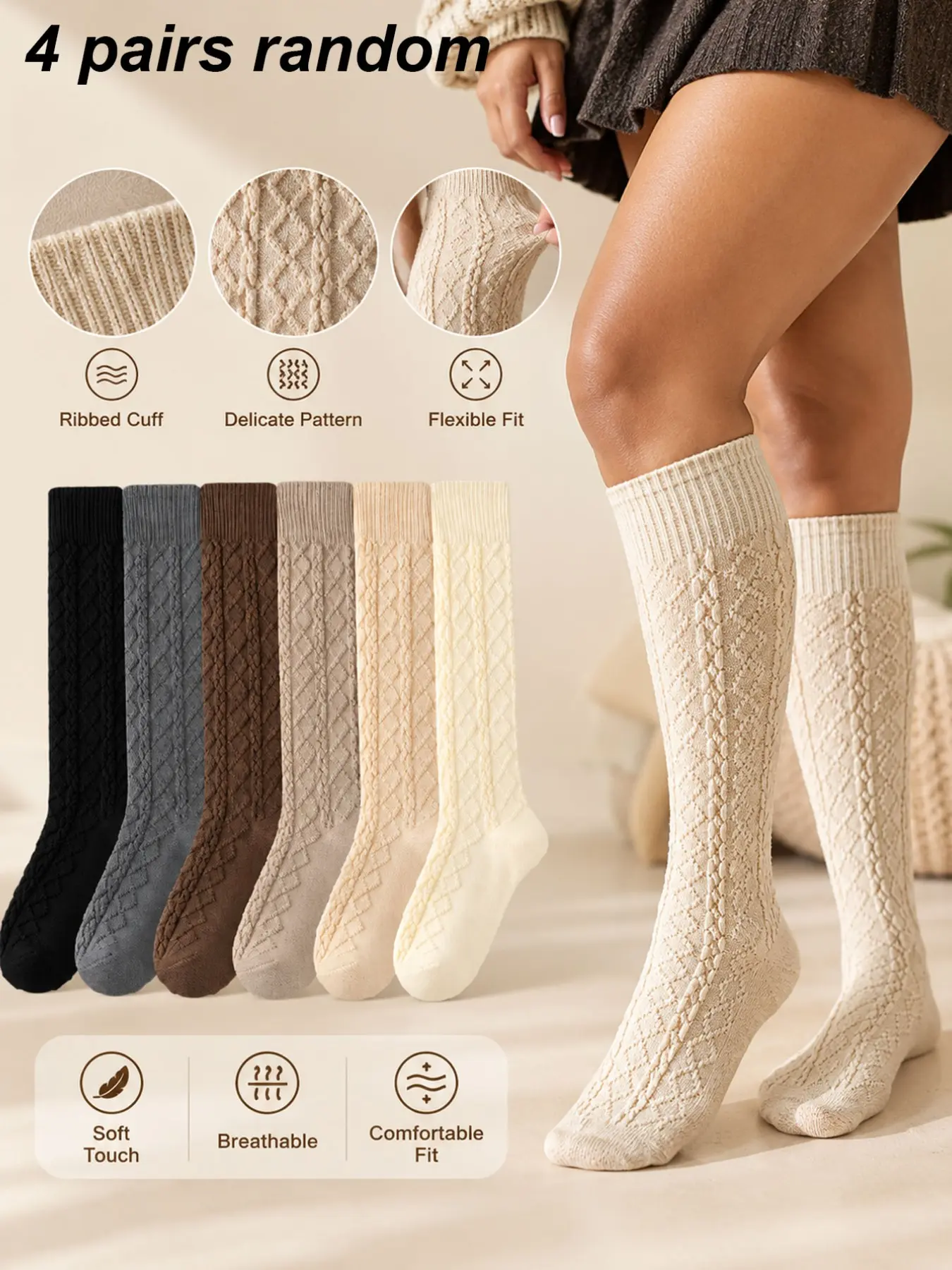 4 Pairs Women's Knee-High Socks, Vintage Knit Pattern, Soft Breathable Ankle Socks, Cozy Fall Winter Boot Socks, Cute College Style, Random Colors