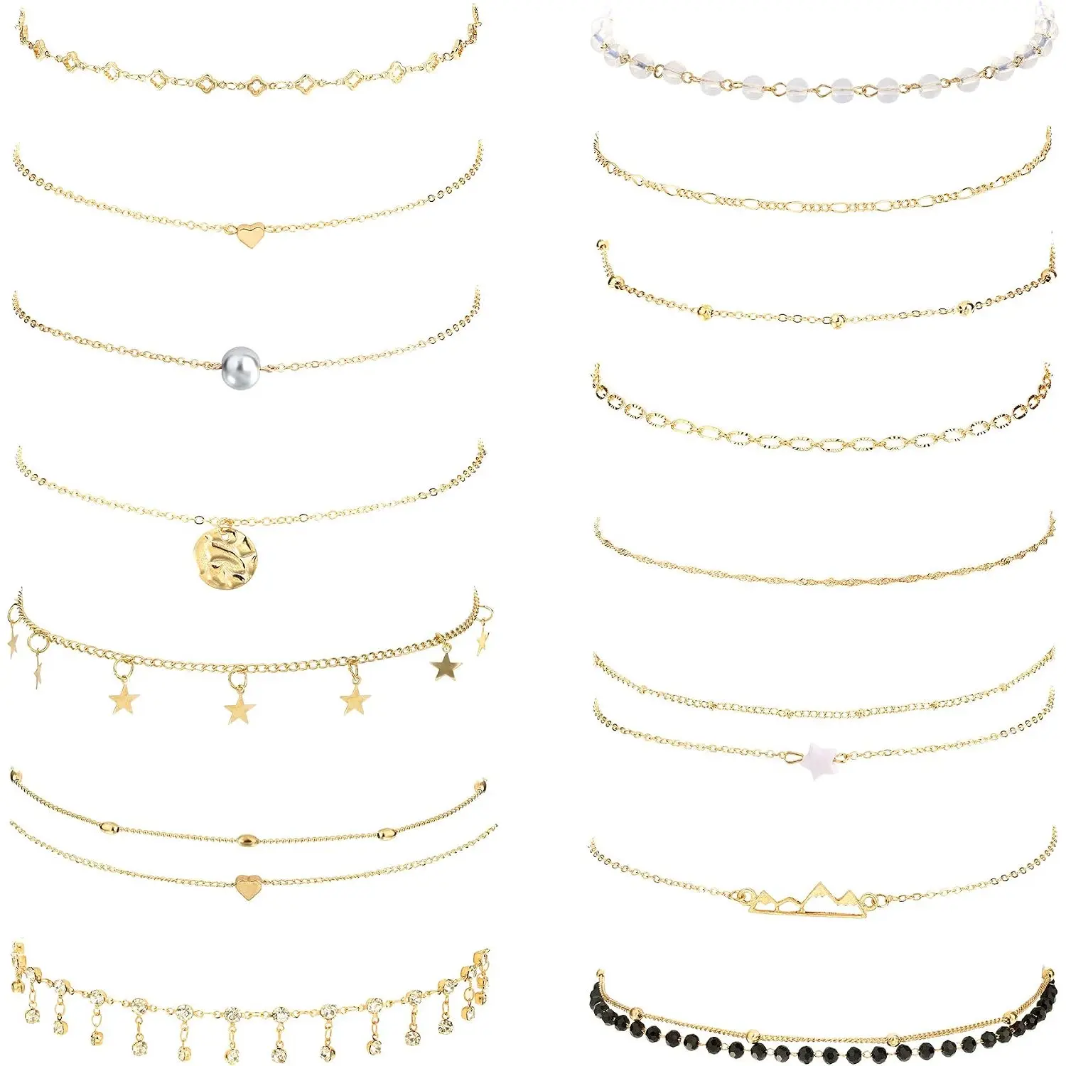 15Pcs Multi Layer Necklace Set for Women, Sexy Heart Pear Star Pendant Necklaces, Silver & Gold Tone Adjustable Layered Chain Jewelry
