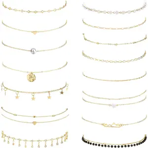 15Pcs Multi Layer Necklace Set for Women, Sexy Heart Pear Star Pendant Necklaces, Silver & Gold Tone Adjustable Layered Chain Jewelry