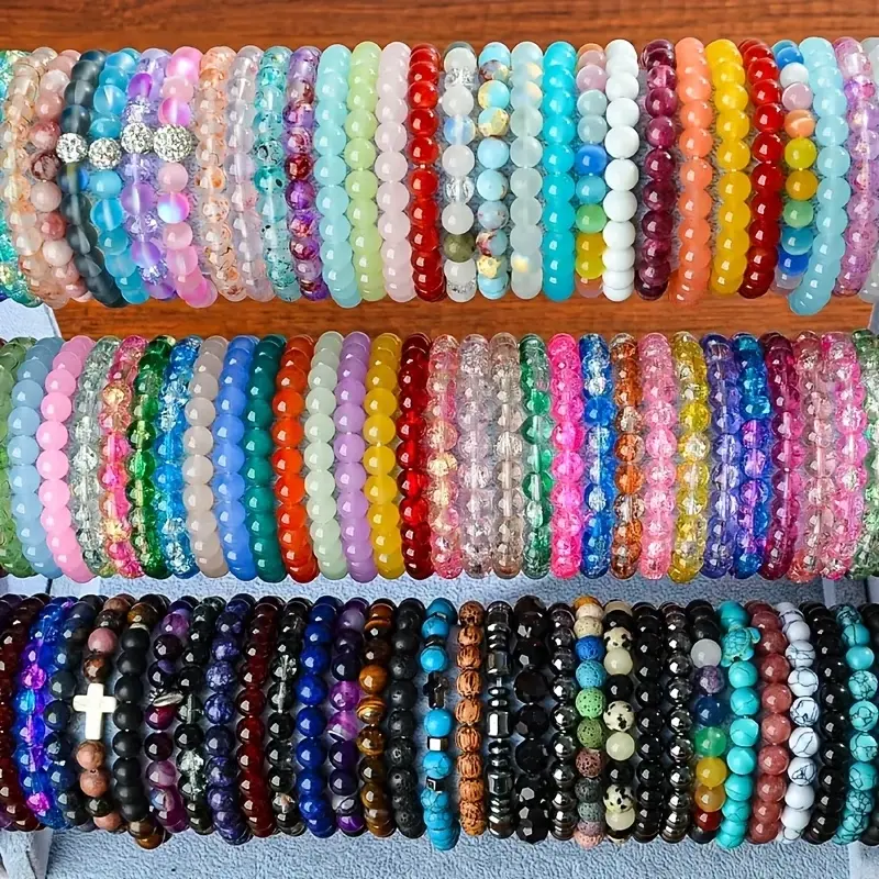 30Pcs Handmade Glass Bead Bracelets Set - Multicolor Cracked Bead Bangle with Elastic Stretch Fit, Vibrant & Pastel Colors, Smooth Spherical Beads for Teenager & Teenager, Casual Attire, Parties, Holidays - Perfect Gift for Family & Friends