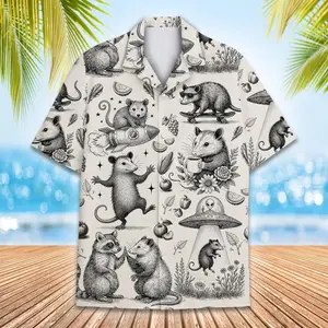 Funny Opossum Hawaiian Shirt Men Women Youth, Vintage UFO Coffee Possum Shirt, Weird Animal Aloha Button Down Short Sleeve