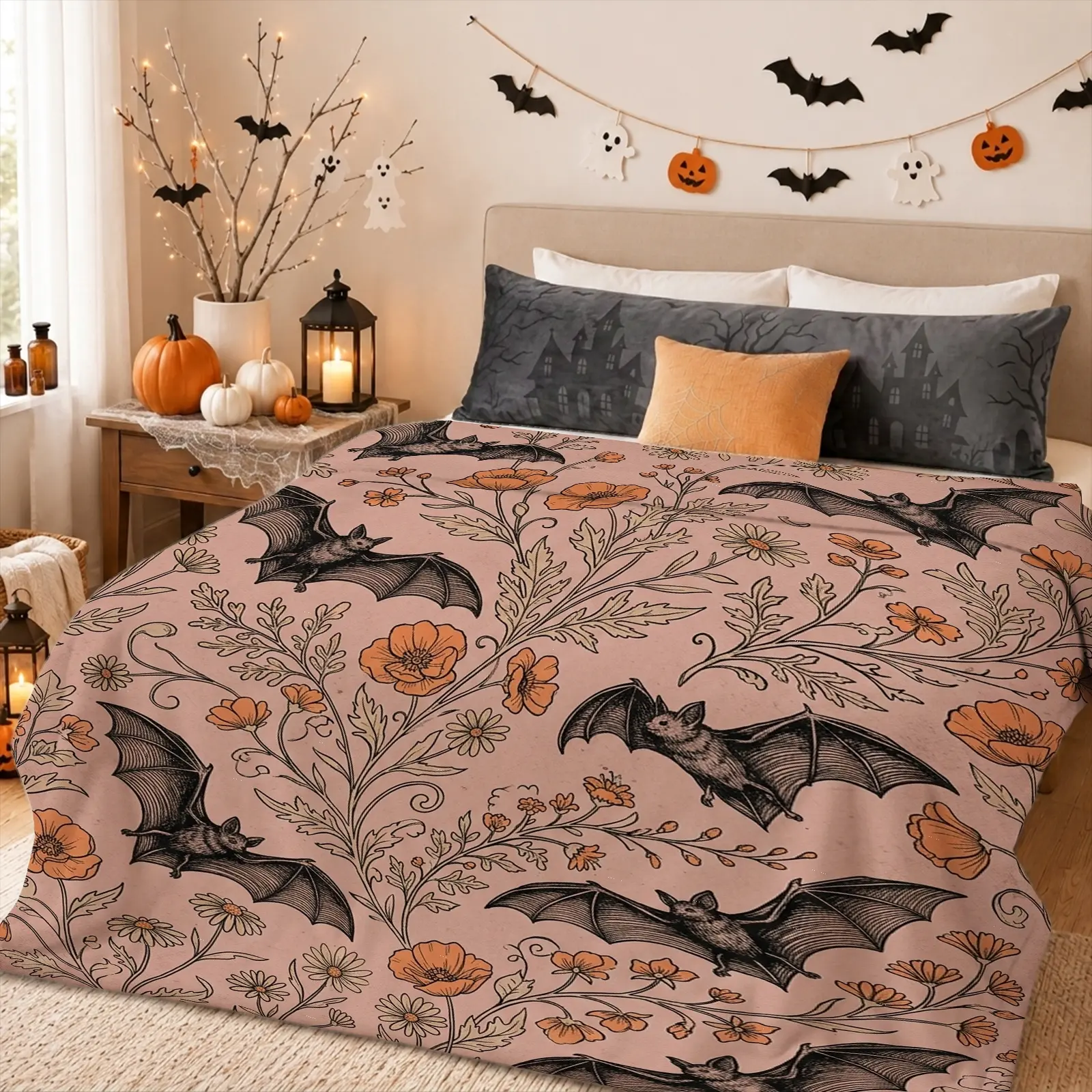 1pc Bat Floral Blanket, Vintage Whimsical Style, All-Over Bat and Flower Design with Earthy Tones, for Halloween Decor Living Room Bedroom and Cozy Movie Nights