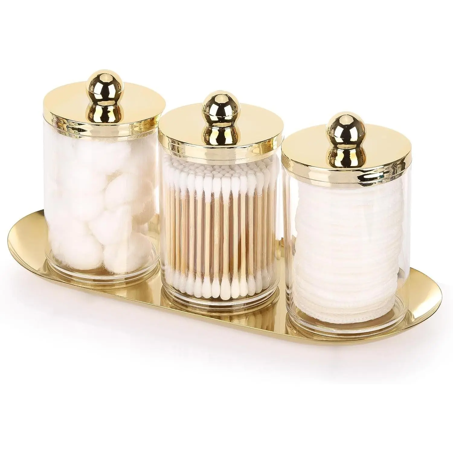 3 Pack Qtips Holder with Gold Tray, 10oz Cotton Swab Ball Holder for Bathroom Essentials Accessories Decor Clear Plastic Canister Apothecary Jars