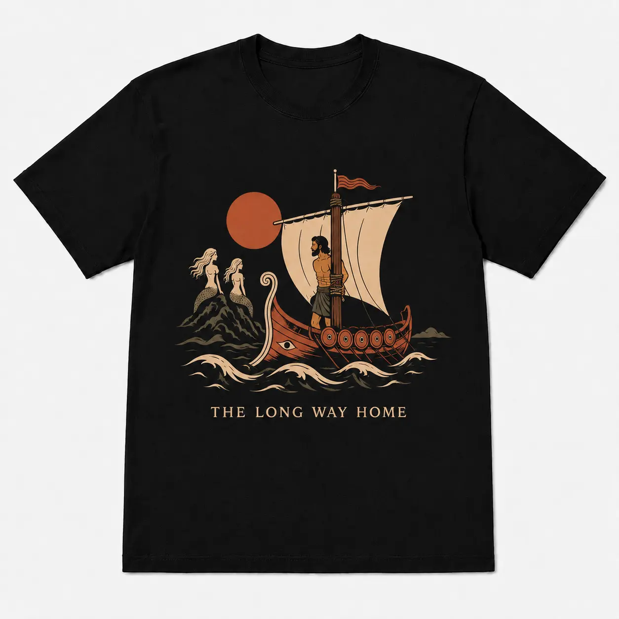 The Long Way Home T-Shirt, Odysseus and the Sirens Graphic Tee, Greek Mythology Odyssey-Inspired Shirt for Classic Literature & Mythology Lovers