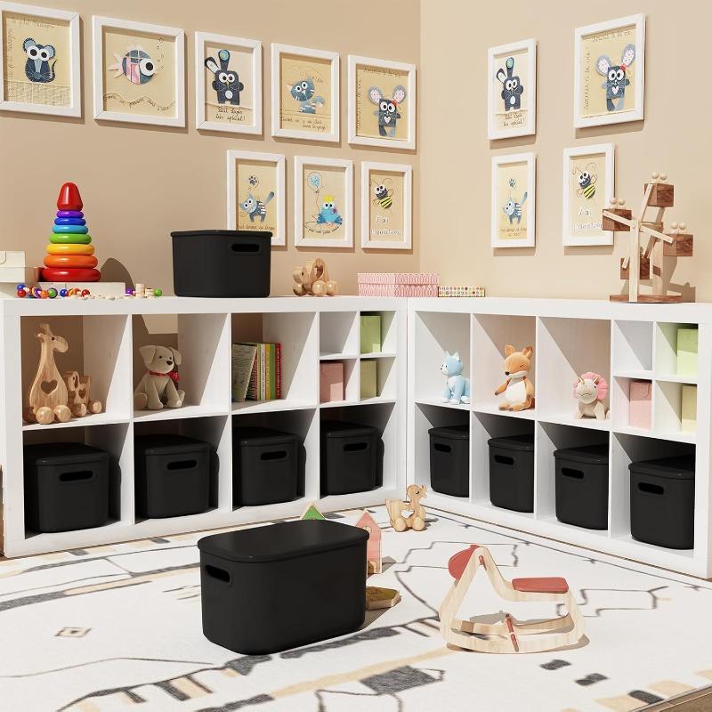 8 Pack Black Storage Bins with Lids Stackable Storage Container for Organizing Black Storage Boxes with Handle for Shelves Cute Organizer Bins for Craft Snacks 9.85x6.9x5.7 inch