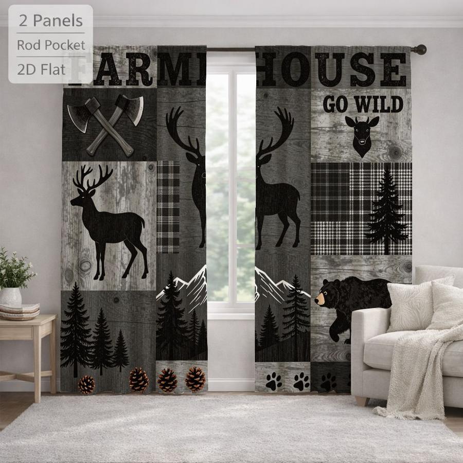2Pcs Rustic Woodland Animal Deer Bear Plaid Patchwork Sun Blocking Curtains Digital Printed Rod Pocket, Window Treatment For Bedroom Office Kitchen Living Room Study Home Decor
