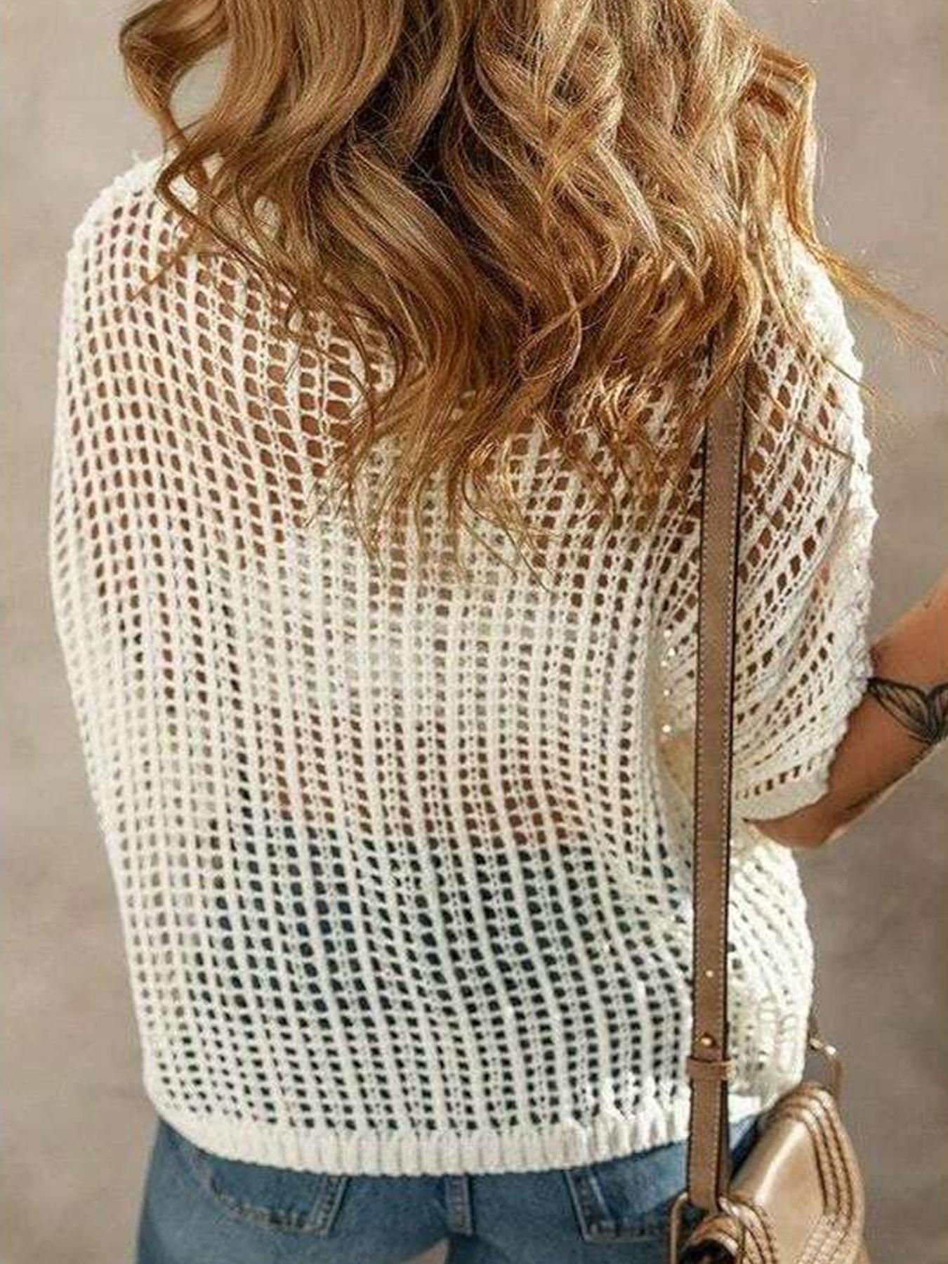 Women's Summer Crochet Floral Short Sleeve Pullover Knit Shirt, Boho Style Loose Fitting Beach Cover-Up for Trendy