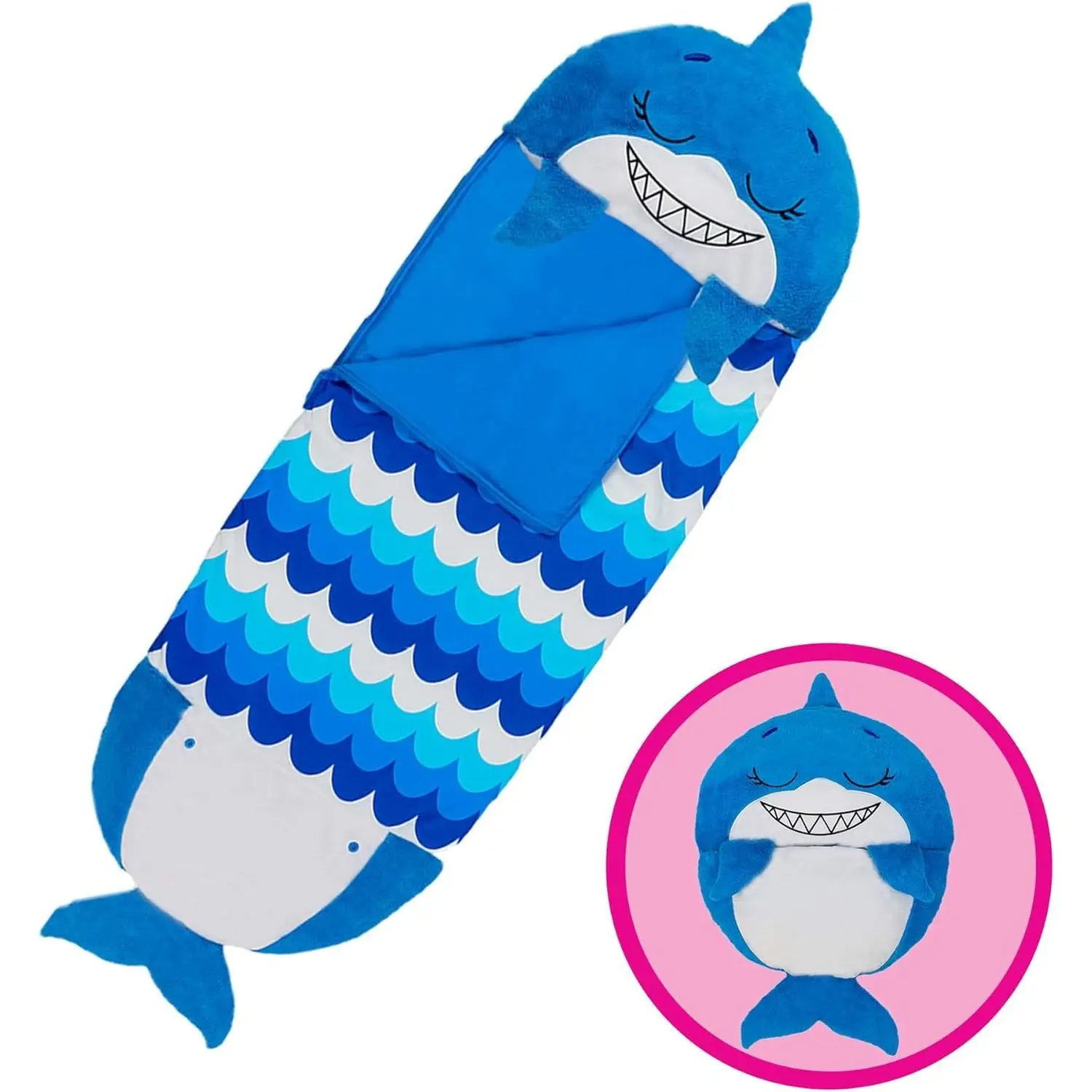Pillow & Sleepy Sack- Comfy, Cozy, Compact, Super Soft, Warm, All Season, Sleeping Bag with Pillow- Blue Shark (Medium- 54” x 20”) | Plush All-Season Sleeping Bag, Machine Washable Snuggle Sack, Portable Travel Nap Mat for Kids Playtime and Sleep