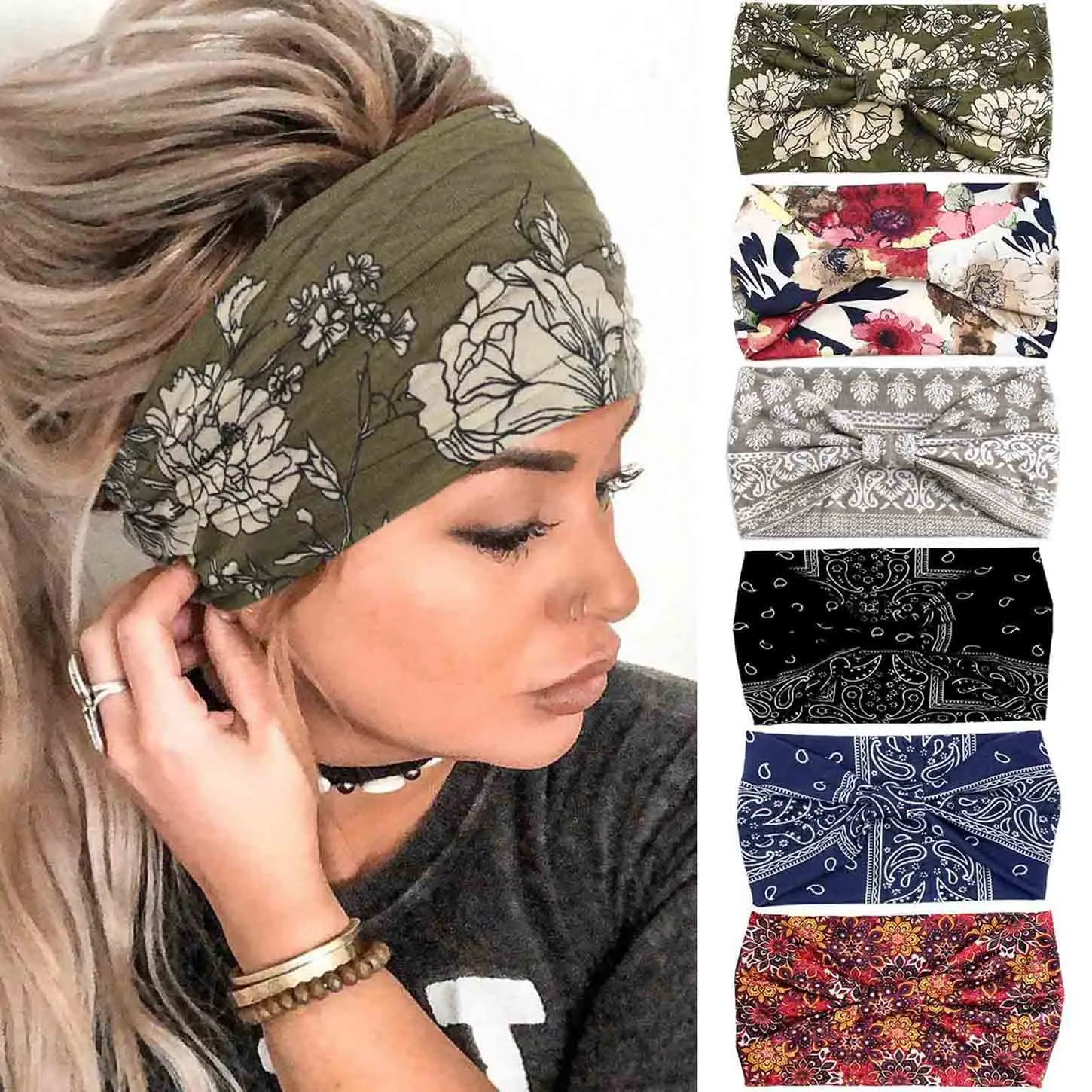 Wide Headbands Knotted Turban Headband Floral Non Slip Elastic Hairbands Workout  Wraps Yoga Hair Scarfs Boho Fashion Hair Accessories for Women 6 count (Chic)