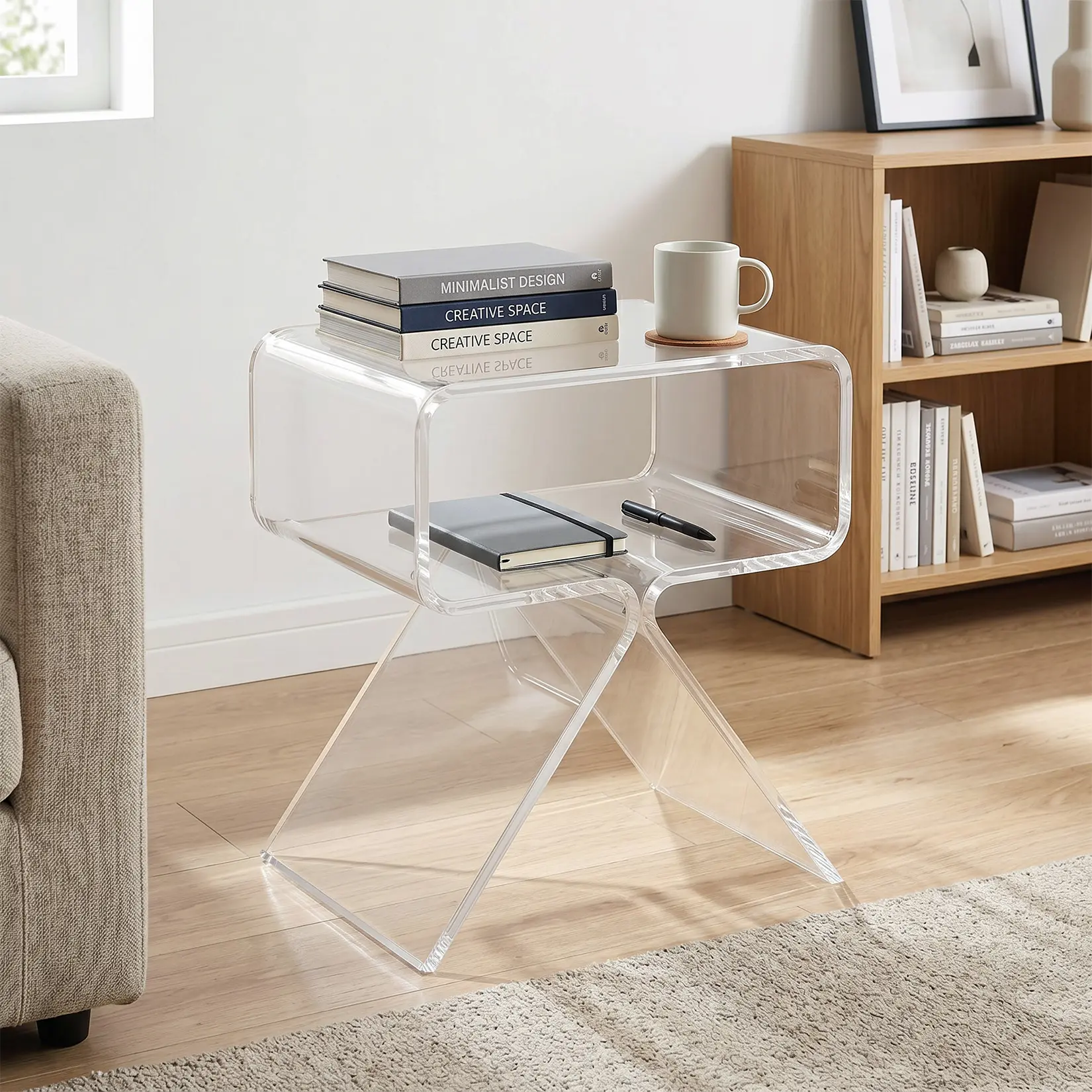 Modern Functional Clear Acrylic Side Table, One-Piece Molded Transparent Structure with Built-In Storage, Sleek Minimalist Accent End Table, Multi-Use Bedside Furniture for Living Room & Bedroom
