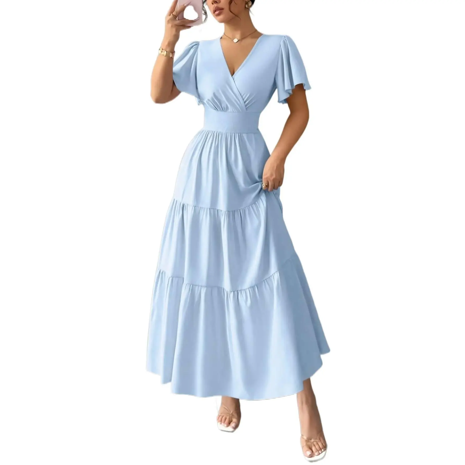 Trendy New High‑Quality Women Short Sleeve Dress Elegant Slim Silhouette Spring Summer Midi Dress For Daily Hangout Dinner Vacation Wear