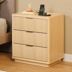 Light Wood bedside table with 3 Drawers and Built-in Charging Station – Modern Bedside Table for Bedroom Furniture