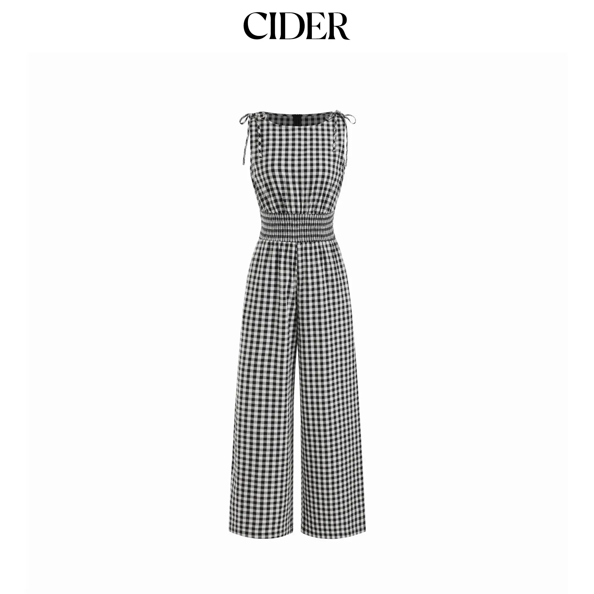 Cider Cotton Gingham Boat Neck Drawstring Wide Leg Jumpsuit
