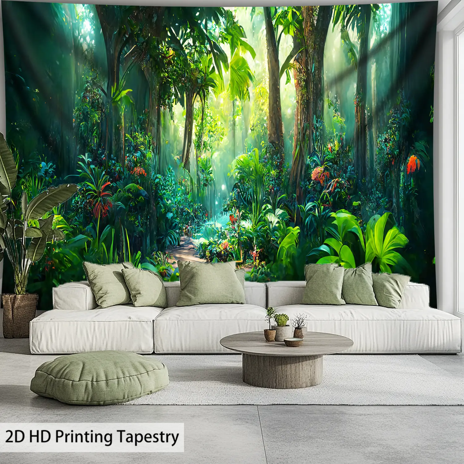 Extra-Large Wrinkle-Resistant Synthetic Polyester Green Jungle Scene Tapestry - Soft Home Supplies Wall Art, High-Definition 2D Print, High Pigment Density, Long-Lasting, Stitchwork, Free Clips, Ideal for Indoors, Party Backdrops
