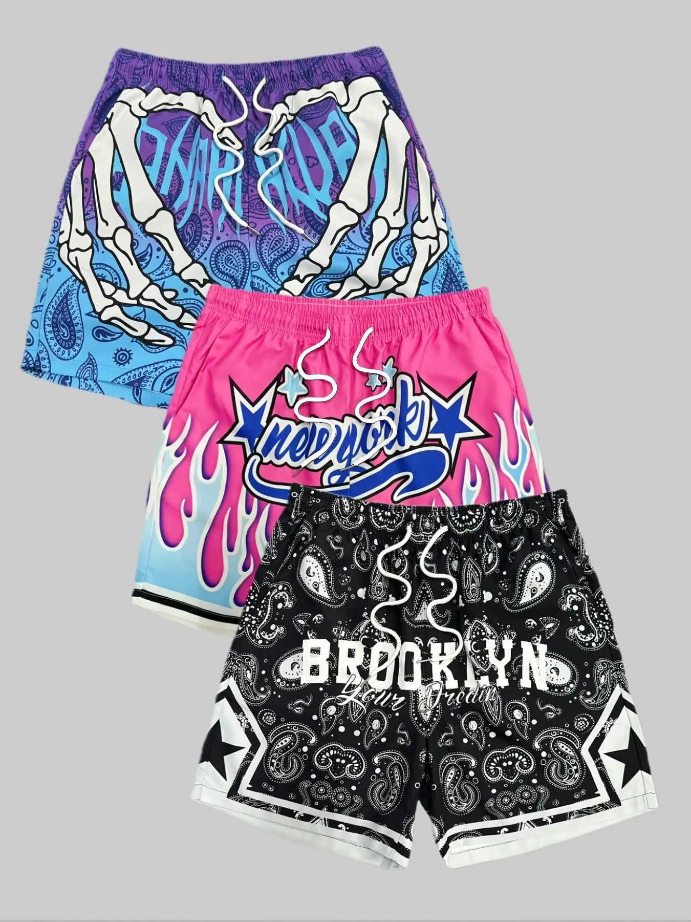 New Men's Three-Piece Set Printed Beach Shorts Clothes, Casual Loose-Fitting Drawstring Shorts, Casual Tropical Style, All over Print, Ideal for Summer