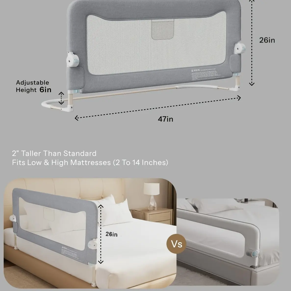 ComfyBumpy 1-Pack 55.5" L x 19.5" H Toddler Bed Rail, Swing Down Guard Rail Fits Twin, Full, Queen & King Mattresses, Gray Kids Bed Side Safety Rail